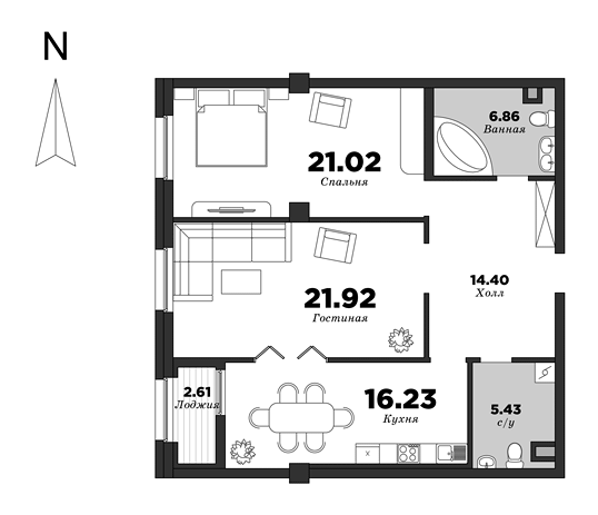 NEVA HAUS, Корпус 2, 2 спальни, 87.17 м² | планировка элитных квартир Санкт-Петербурга | М16